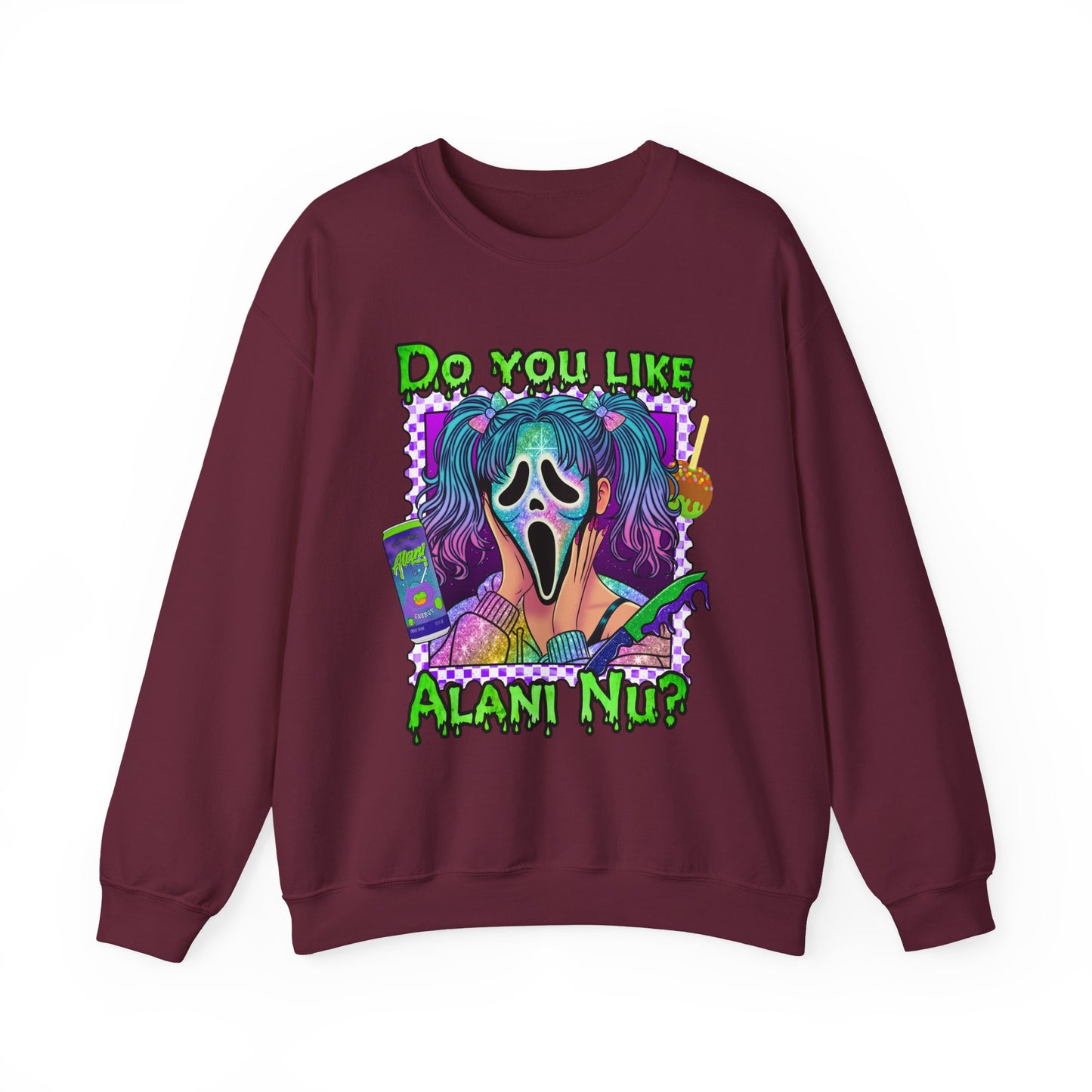 Do you like Alani Nu?, Witches apple, Quirky Graphic Sweatshirt, Cozy Unisex Crewneck, Fun Gift for Halloween, Trendy Casual Wear, Perfect for Fall Celebrations