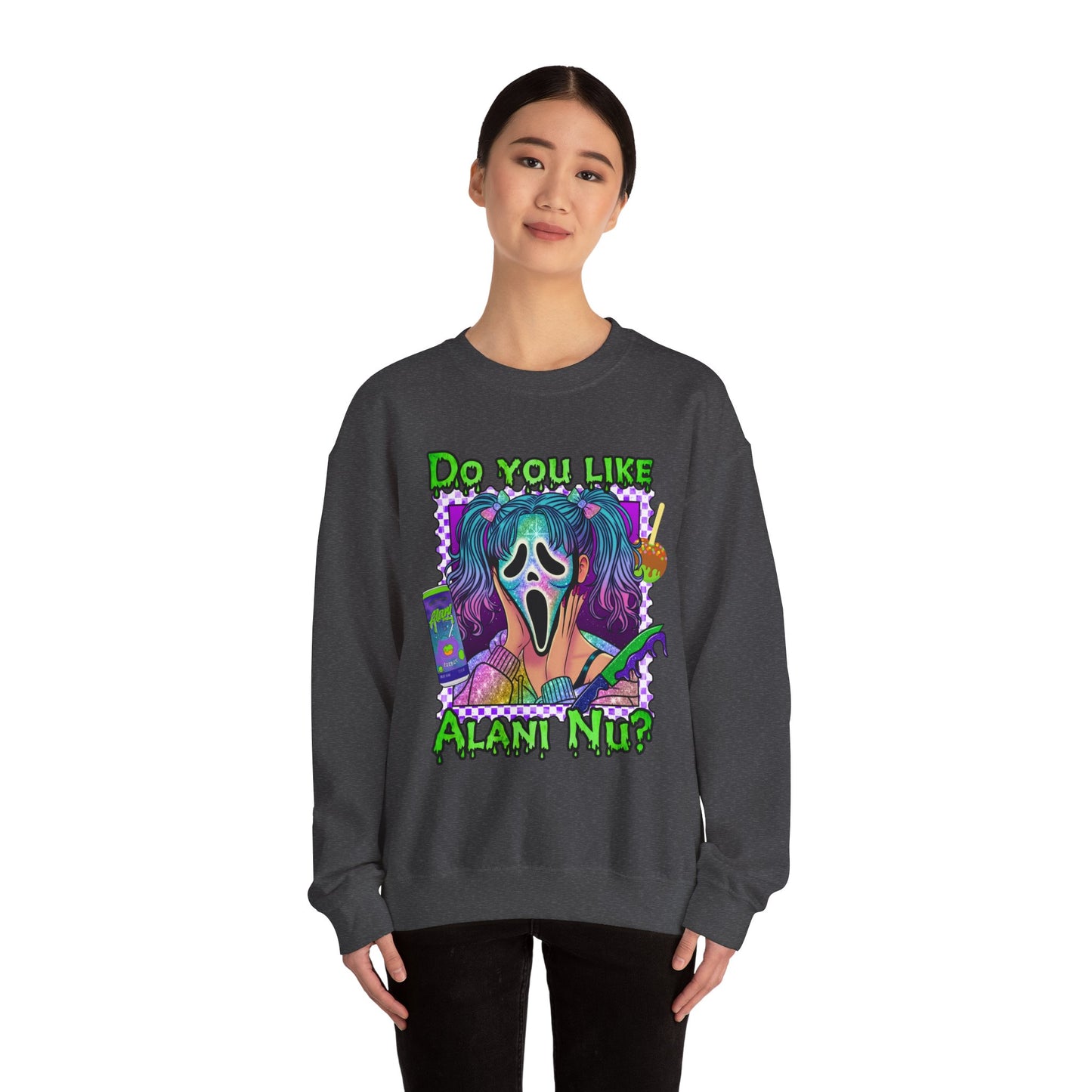 Do you like Alani Nu?, Witches apple, Quirky Graphic Sweatshirt, Cozy Unisex Crewneck, Fun Gift for Halloween, Trendy Casual Wear, Perfect for Fall Celebrations