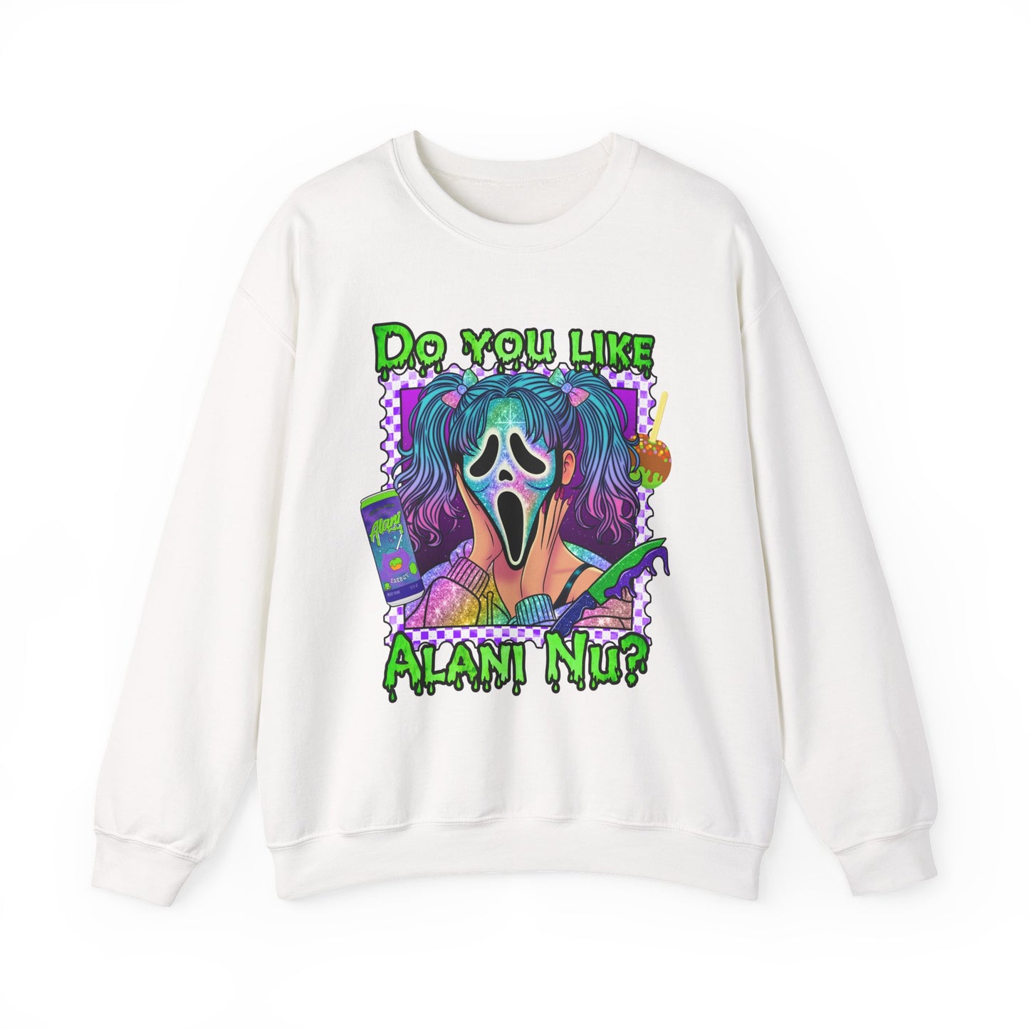 Do you like Alani Nu?, Witches apple, Quirky Graphic Sweatshirt, Cozy Unisex Crewneck, Fun Gift for Halloween, Trendy Casual Wear, Perfect for Fall Celebrations