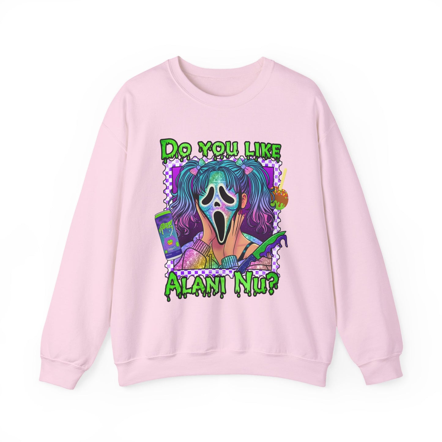Do you like Alani Nu?, Witches apple, Quirky Graphic Sweatshirt, Cozy Unisex Crewneck, Fun Gift for Halloween, Trendy Casual Wear, Perfect for Fall Celebrations