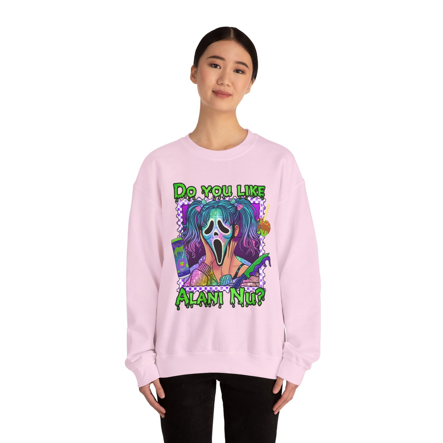 Do you like Alani Nu?, Witches apple, Quirky Graphic Sweatshirt, Cozy Unisex Crewneck, Fun Gift for Halloween, Trendy Casual Wear, Perfect for Fall Celebrations