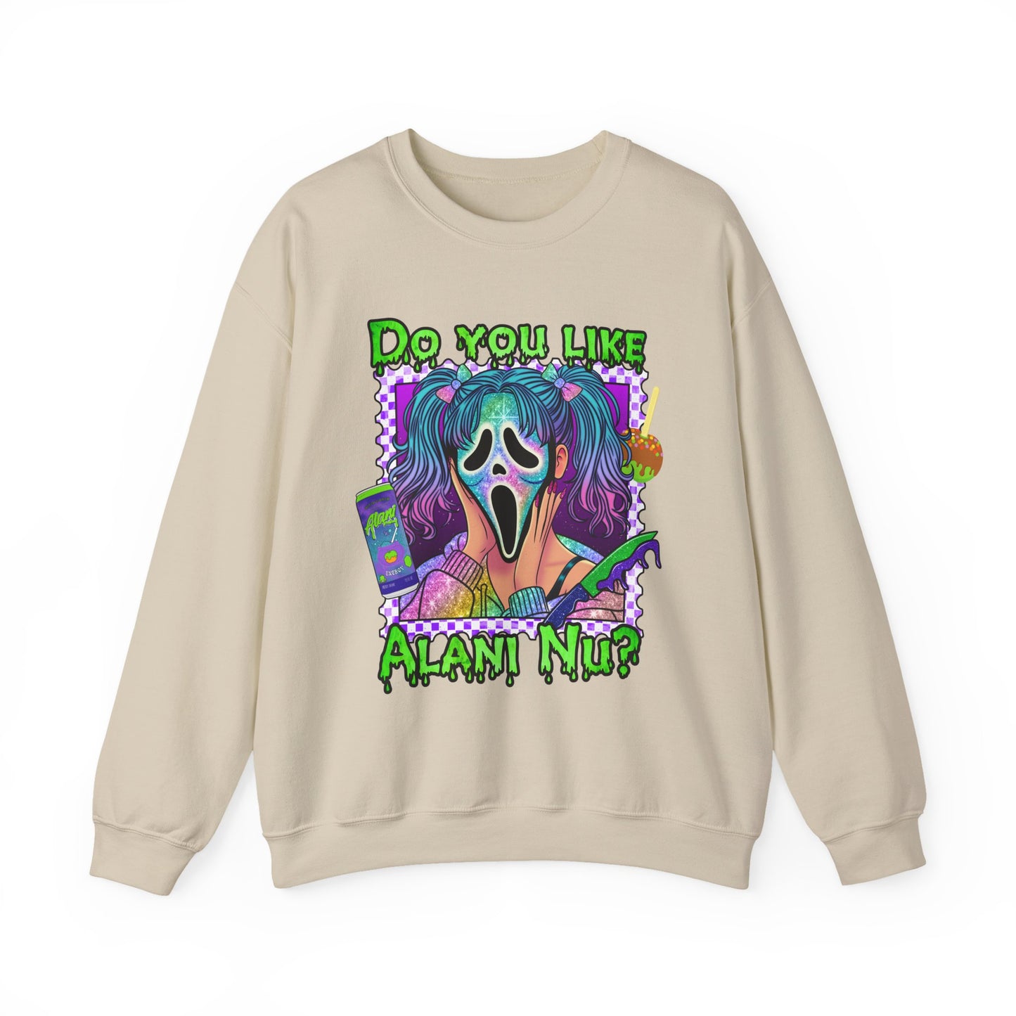 Do you like Alani Nu?, Witches apple, Quirky Graphic Sweatshirt, Cozy Unisex Crewneck, Fun Gift for Halloween, Trendy Casual Wear, Perfect for Fall Celebrations
