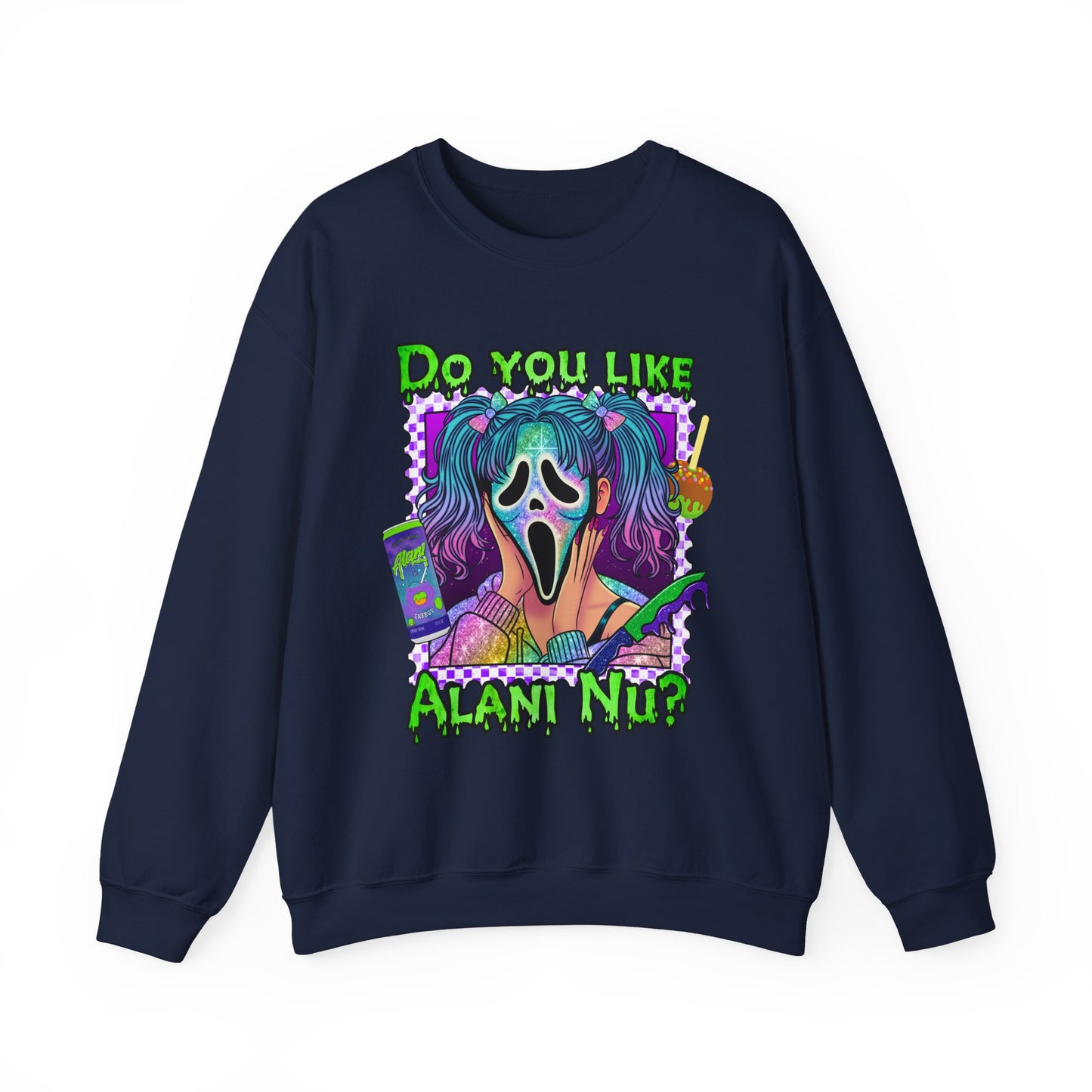 Do you like Alani Nu?, Witches apple, Quirky Graphic Sweatshirt, Cozy Unisex Crewneck, Fun Gift for Halloween, Trendy Casual Wear, Perfect for Fall Celebrations