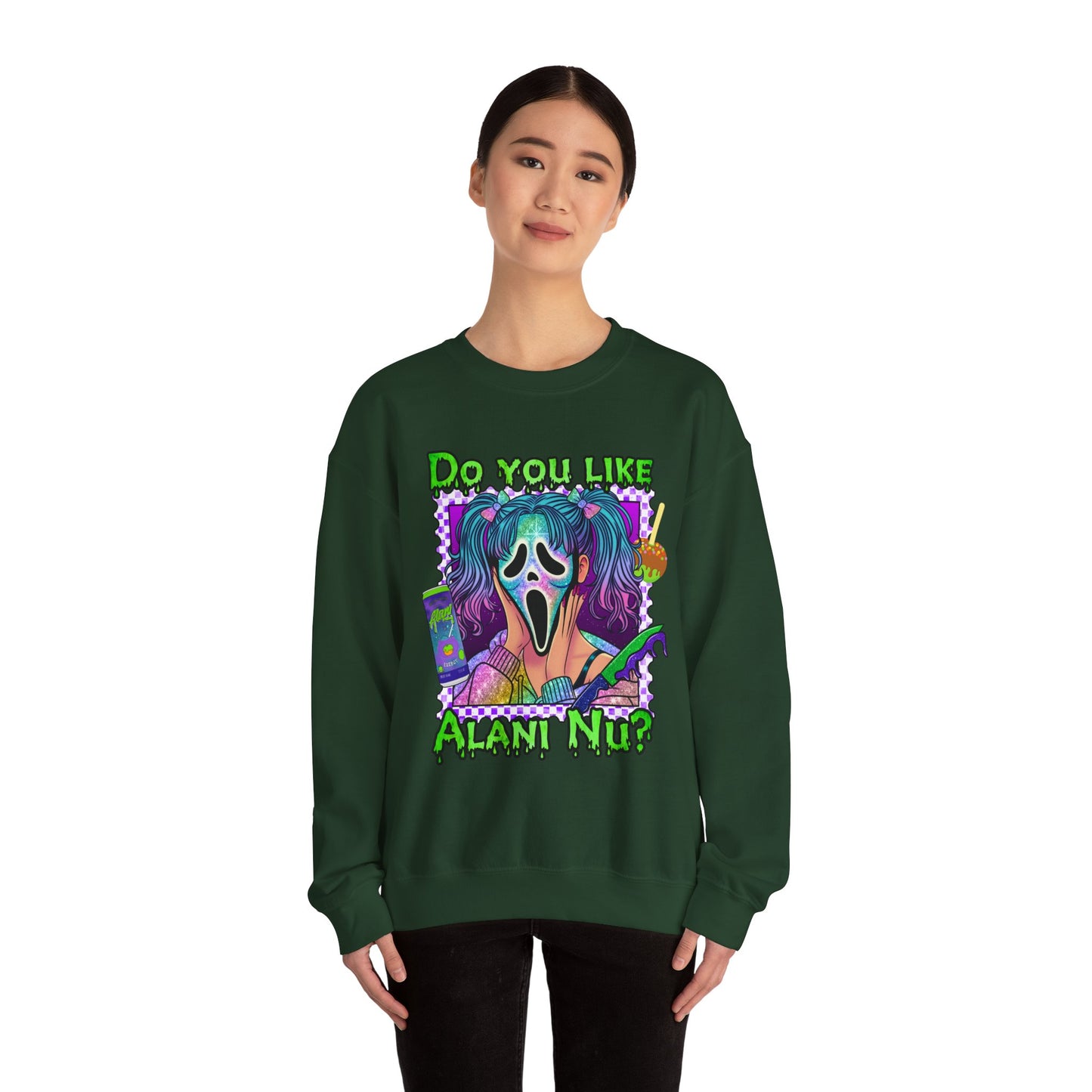 Do you like Alani Nu?, Witches apple, Quirky Graphic Sweatshirt, Cozy Unisex Crewneck, Fun Gift for Halloween, Trendy Casual Wear, Perfect for Fall Celebrations