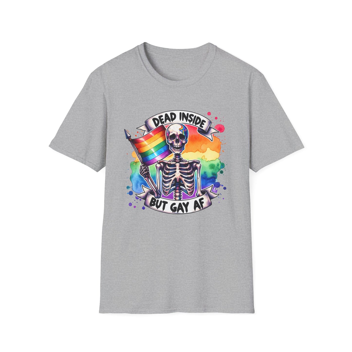 Dead Inside, Gay AF Unisex LGBTQ+ Pride Skeleton T-Shirt, Dead Inside But Gay AF, Softstyle Tee, Fun Gift for Pride Month, Casual Summer Wear