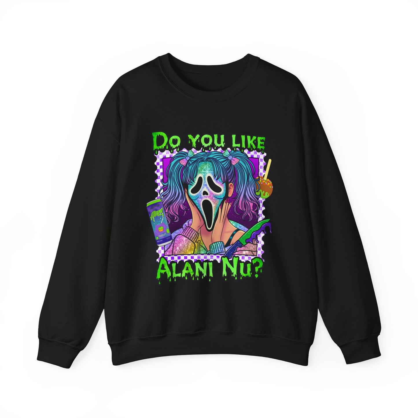Do you like Alani Nu?, Witches apple, Quirky Graphic Sweatshirt, Cozy Unisex Crewneck, Fun Gift for Halloween, Trendy Casual Wear, Perfect for Fall Celebrations