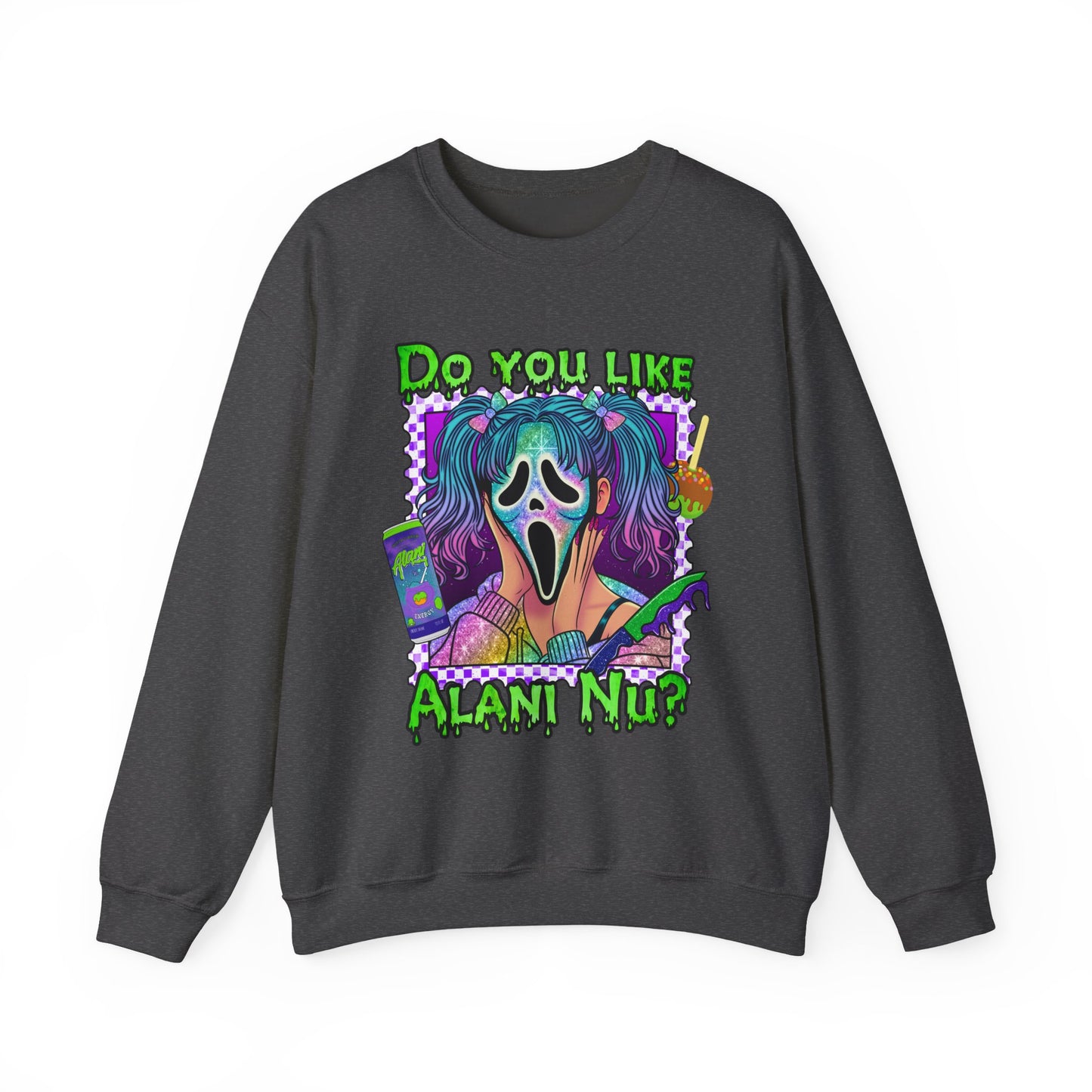 Do you like Alani Nu?, Witches apple, Quirky Graphic Sweatshirt, Cozy Unisex Crewneck, Fun Gift for Halloween, Trendy Casual Wear, Perfect for Fall Celebrations