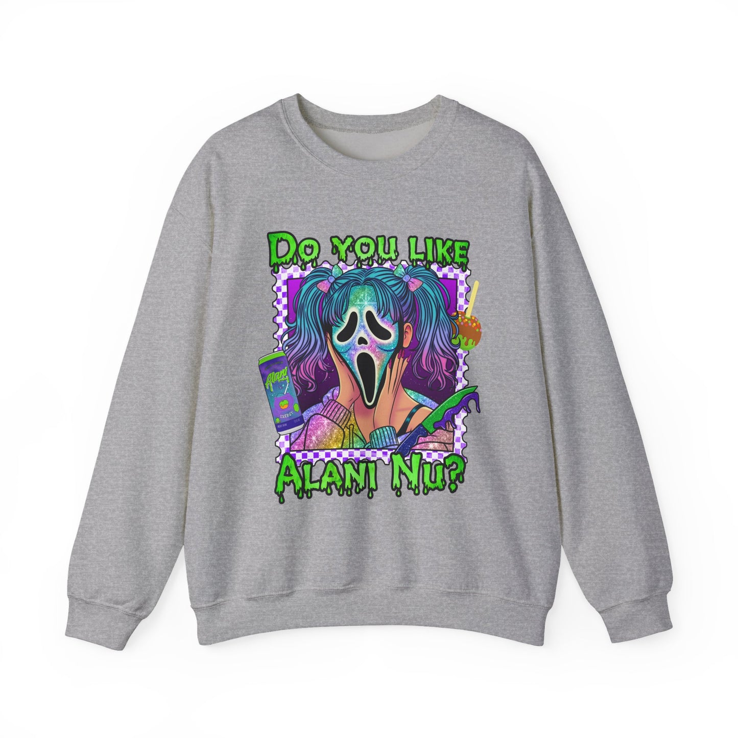 Do you like Alani Nu?, Witches apple, Quirky Graphic Sweatshirt, Cozy Unisex Crewneck, Fun Gift for Halloween, Trendy Casual Wear, Perfect for Fall Celebrations