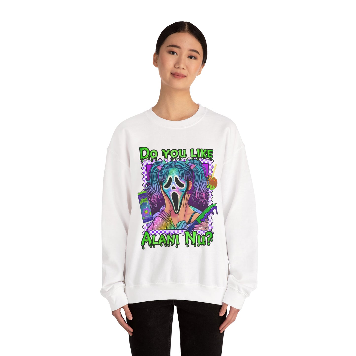 Do you like Alani Nu?, Witches apple, Quirky Graphic Sweatshirt, Cozy Unisex Crewneck, Fun Gift for Halloween, Trendy Casual Wear, Perfect for Fall Celebrations