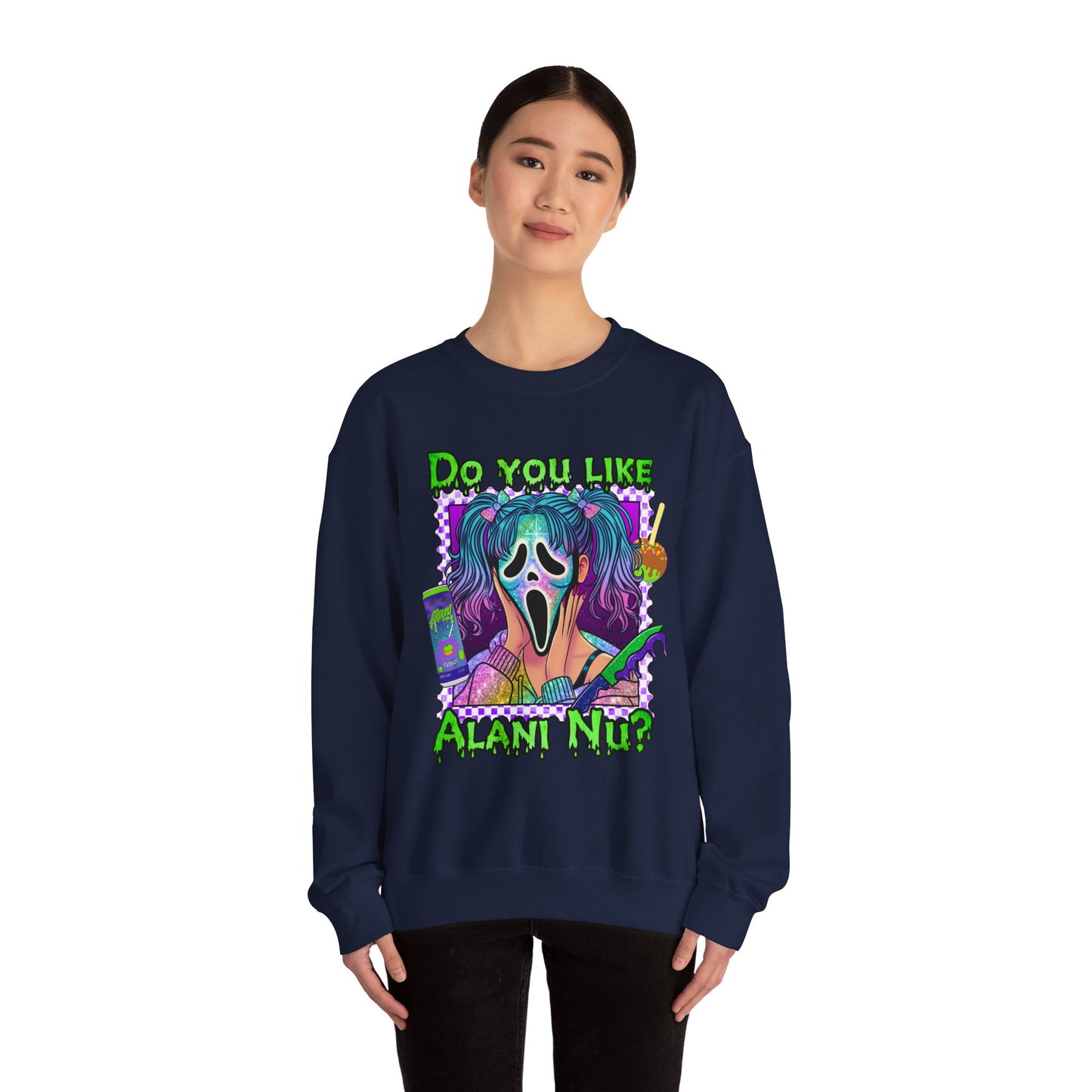 Do you like Alani Nu?, Witches apple, Quirky Graphic Sweatshirt, Cozy Unisex Crewneck, Fun Gift for Halloween, Trendy Casual Wear, Perfect for Fall Celebrations