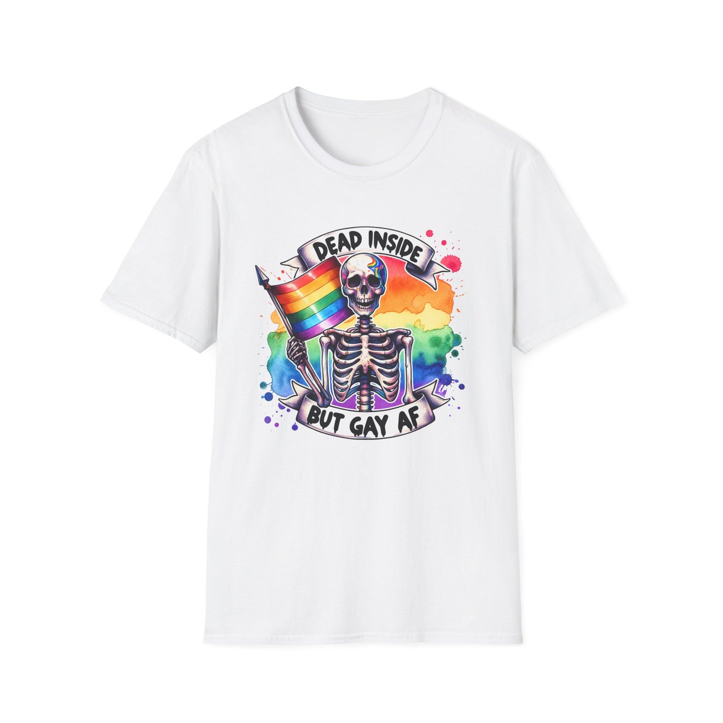 Dead Inside, Gay AF Unisex LGBTQ+ Pride Skeleton T-Shirt, Dead Inside But Gay AF, Softstyle Tee, Fun Gift for Pride Month, Casual Summer Wear
