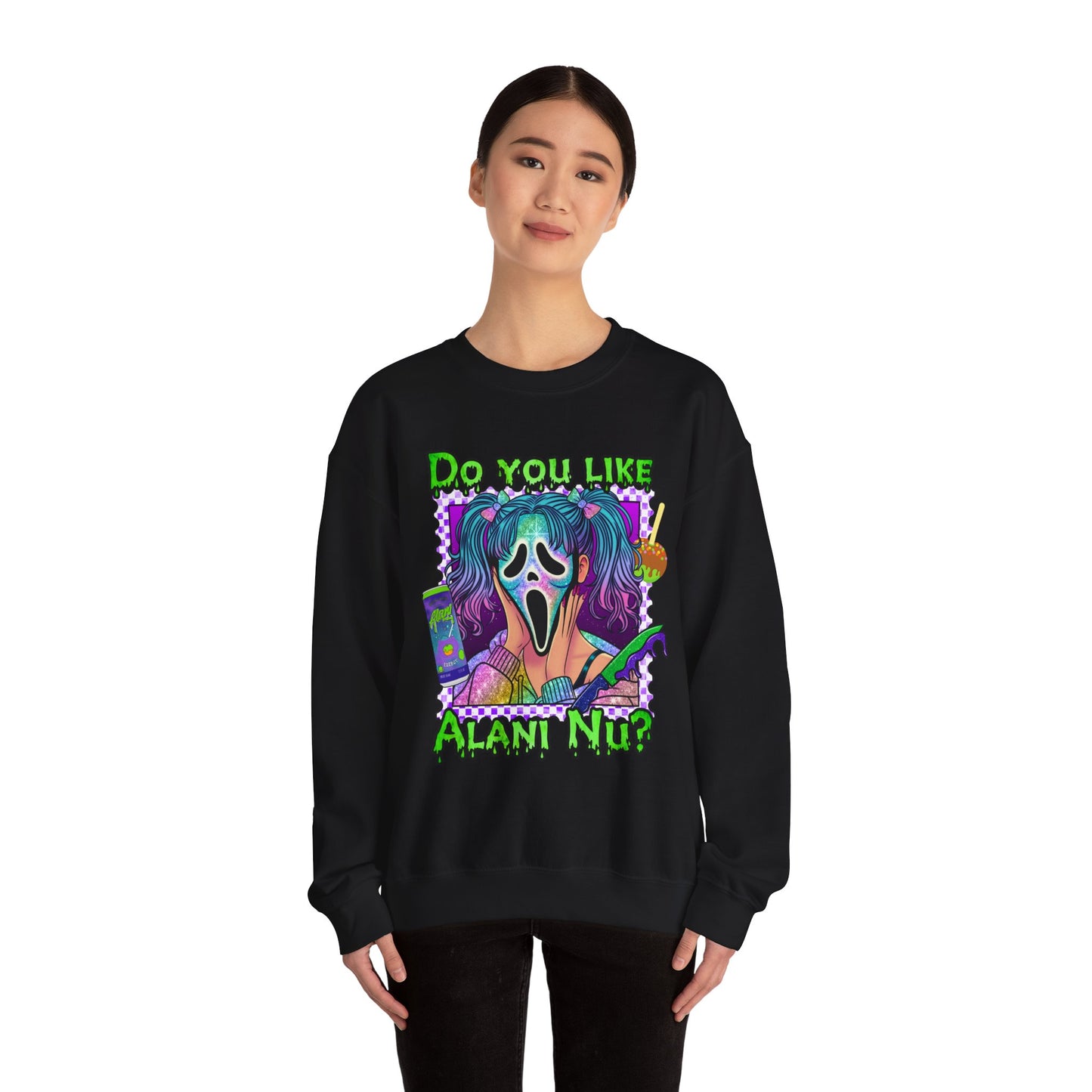 Do you like Alani Nu?, Witches apple, Quirky Graphic Sweatshirt, Cozy Unisex Crewneck, Fun Gift for Halloween, Trendy Casual Wear, Perfect for Fall Celebrations