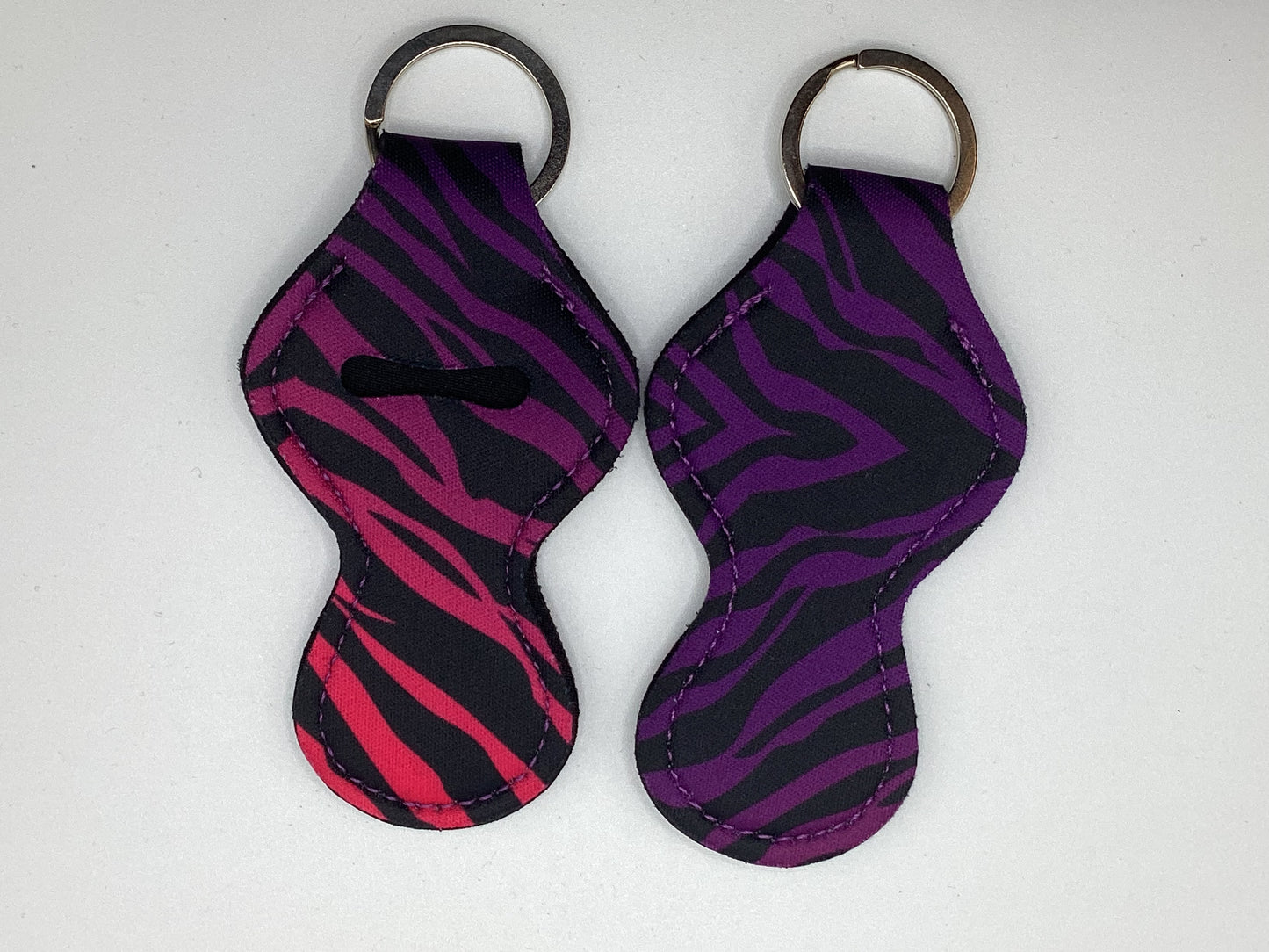 Pink and Purple Zebra Stripe Neoprene Chapstick Holder Keychain