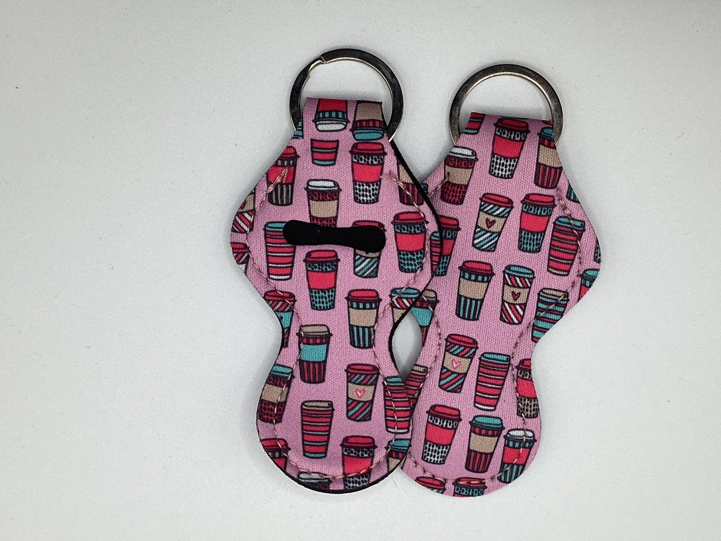 Pink Coffee Cup Lover Neoprene Chapstick Holder Keychain