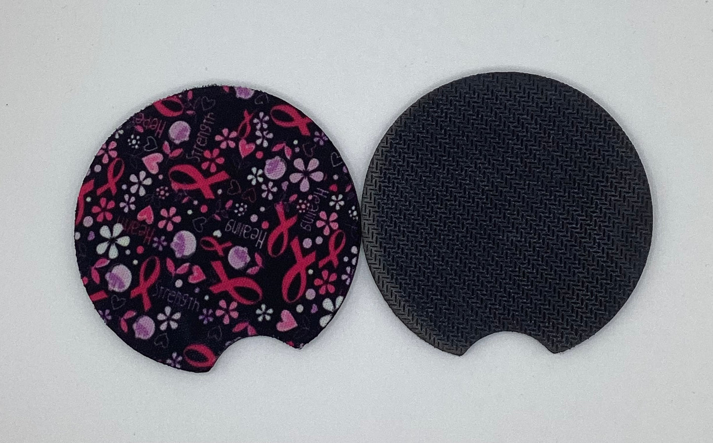 Pink Ribbon Black background, hope love support, Neoprene Car Coaster, 2pk