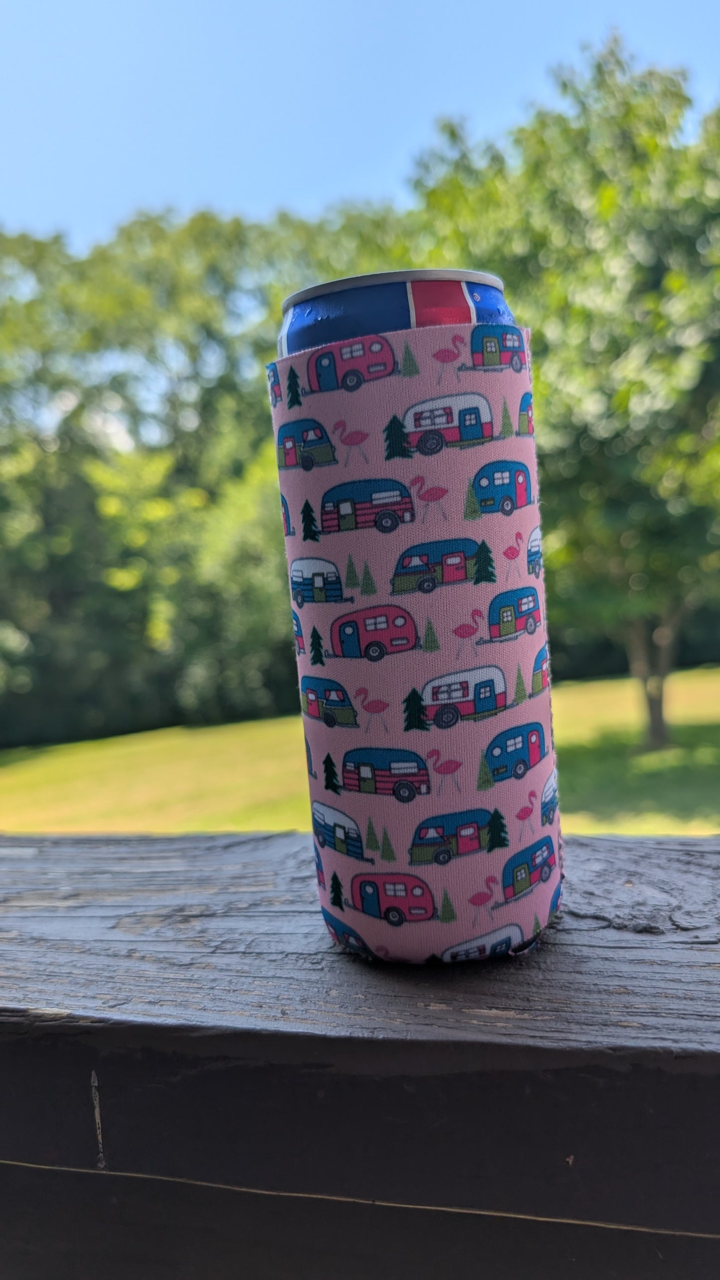 Pink Camper Neoprene Slim Can Koozie