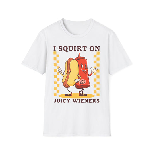Squirt on Juicy Weiners, Funny Foodie T-Shirt, Humorous Graphic Tee for BBQ Lovers, Casual Wear, Great Gift for Birthdays, Anniversary, and Holidays