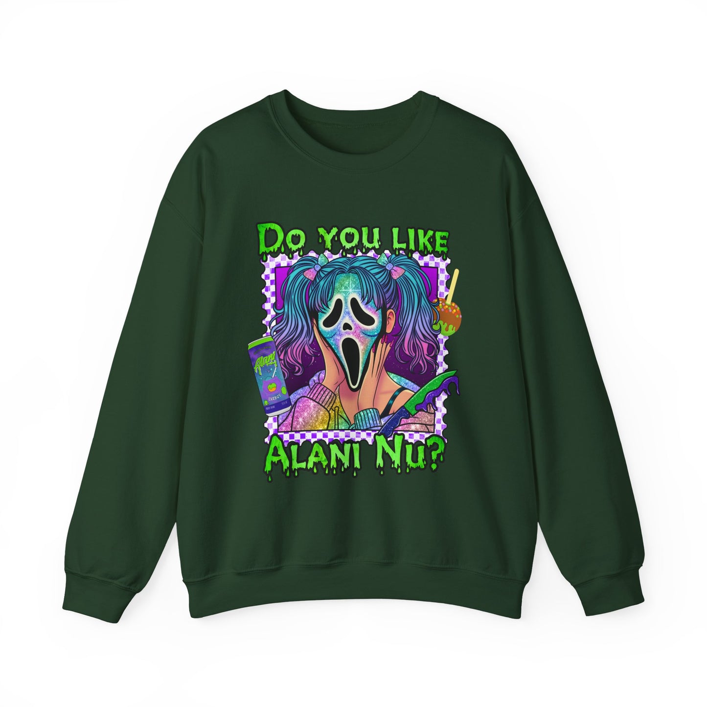 Do you like Alani Nu?, Witches apple, Quirky Graphic Sweatshirt, Cozy Unisex Crewneck, Fun Gift for Halloween, Trendy Casual Wear, Perfect for Fall Celebrations