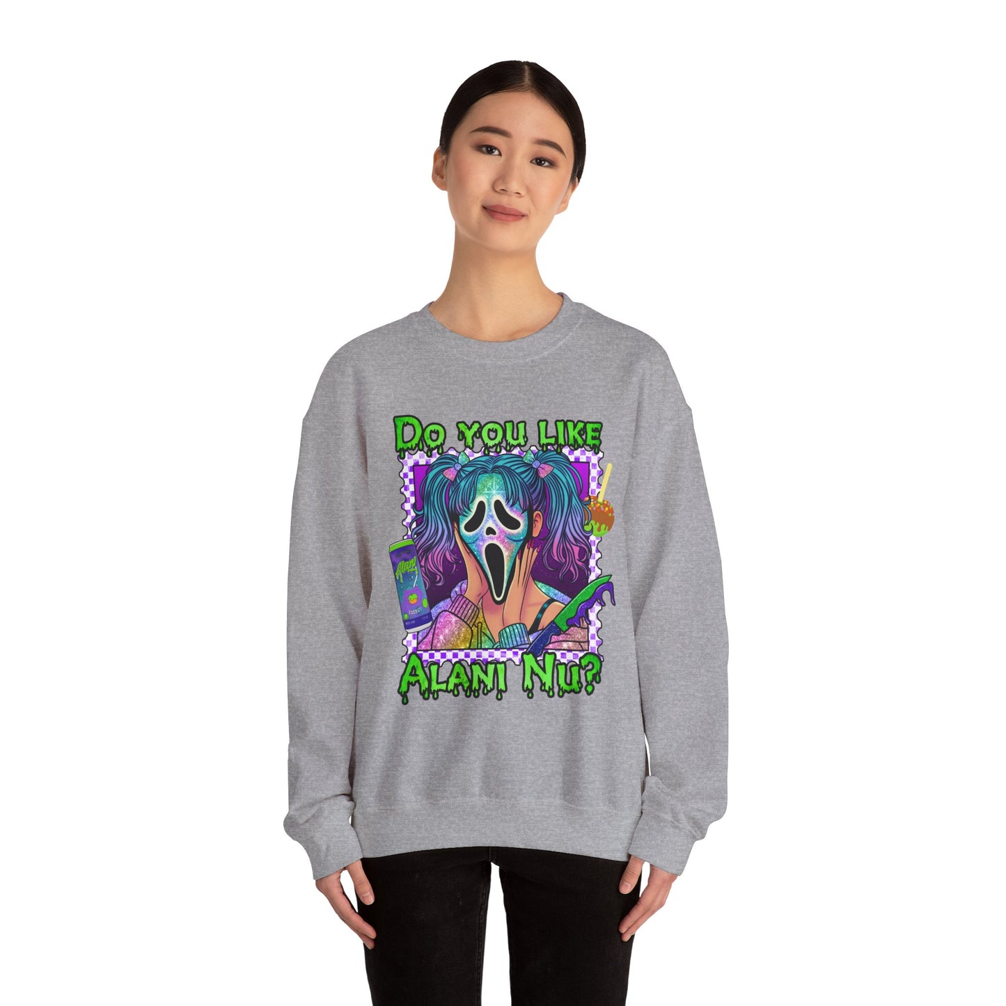 Do you like Alani Nu?, Witches apple, Quirky Graphic Sweatshirt, Cozy Unisex Crewneck, Fun Gift for Halloween, Trendy Casual Wear, Perfect for Fall Celebrations