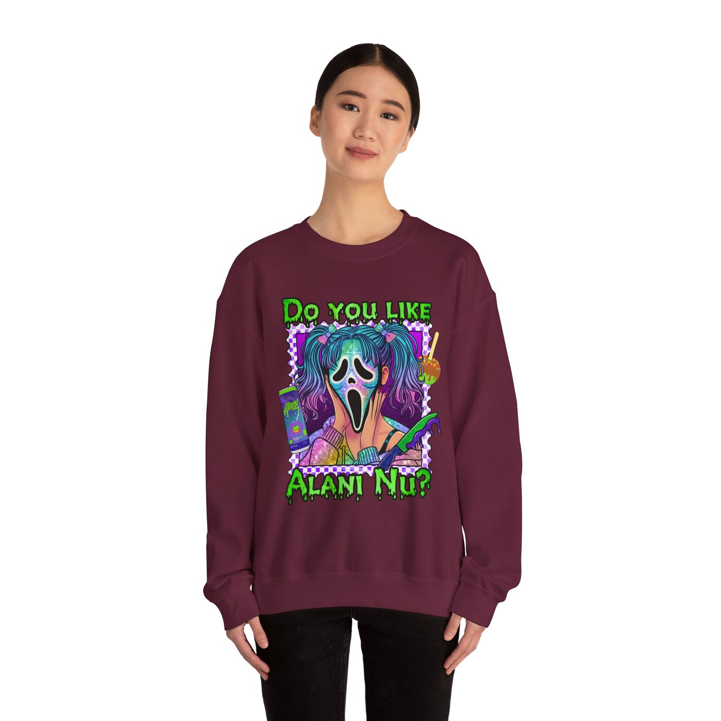 Do you like Alani Nu?, Witches apple, Quirky Graphic Sweatshirt, Cozy Unisex Crewneck, Fun Gift for Halloween, Trendy Casual Wear, Perfect for Fall Celebrations