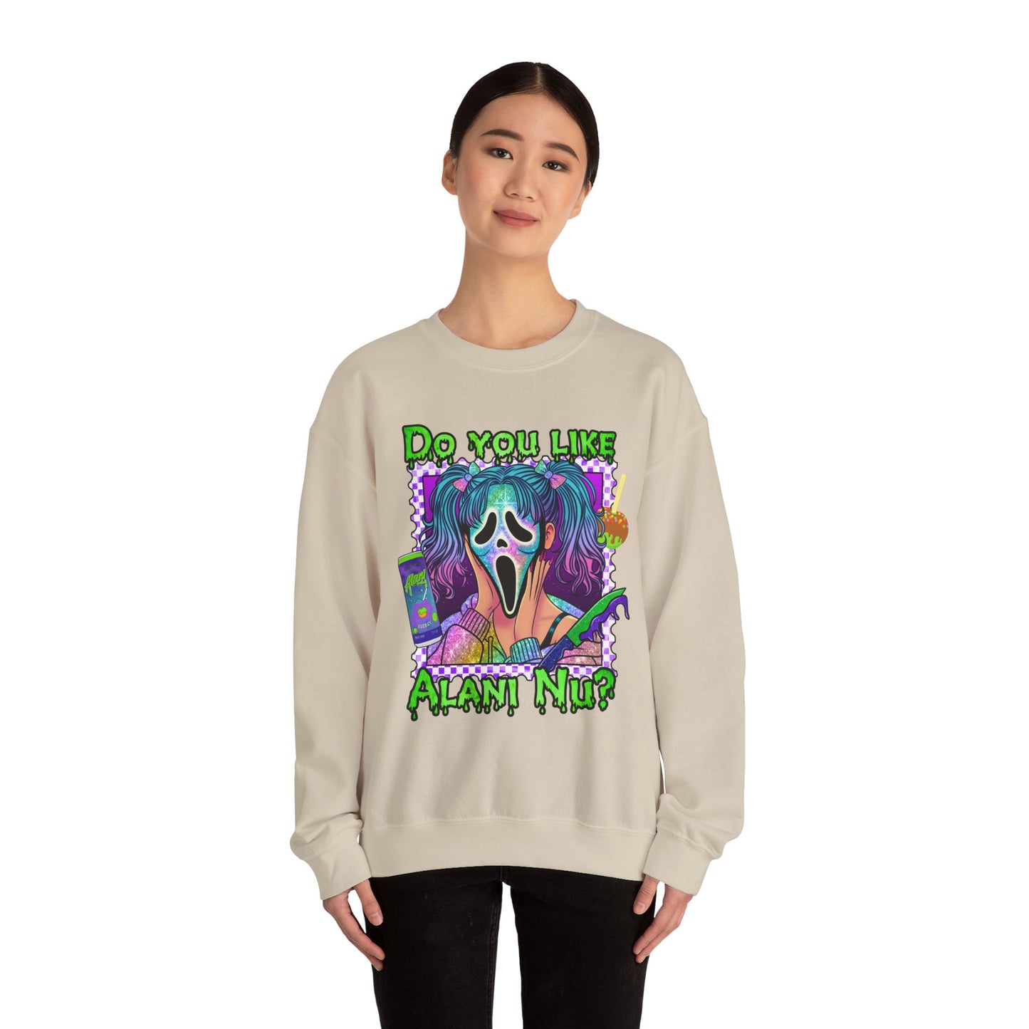 Do you like Alani Nu?, Witches apple, Quirky Graphic Sweatshirt, Cozy Unisex Crewneck, Fun Gift for Halloween, Trendy Casual Wear, Perfect for Fall Celebrations