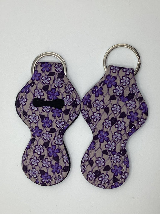 Pretty Purple Flowers Neoprene Chapstick Holder Keychain