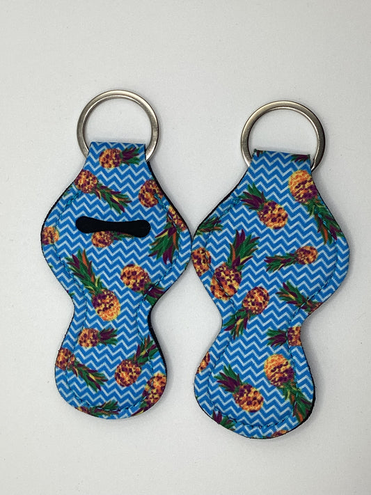 Pineapple, blue and white chevron Neoprene Chapstick Holder Keychain