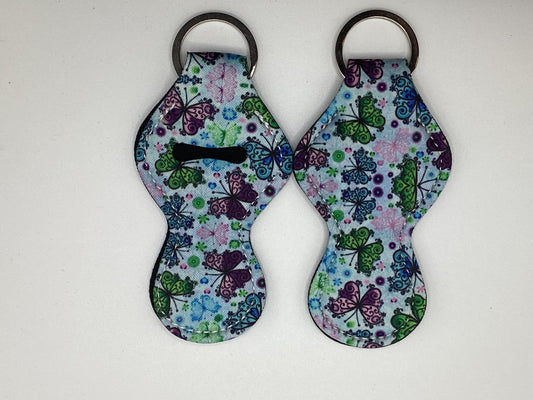 Blue and Purple Butterfly Neoprene Chapstick Holder Keychain