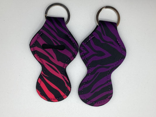 Pink and Purple Zebra Stripe Neoprene Chapstick Holder Keychain