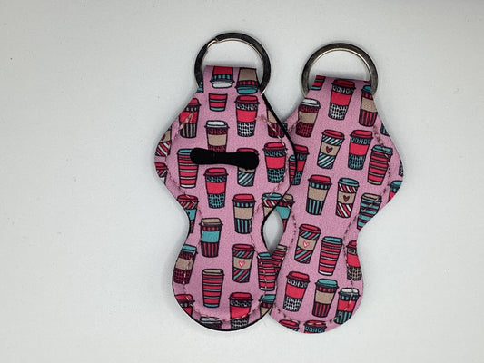 Pink Coffee Cup Lover Neoprene Chapstick Holder Keychain