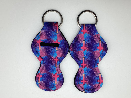 Pink and Purple Cross Neoprene Chapstick Holder Keychain