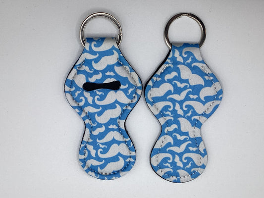 Blue and White Mustache Neoprene Chapstick Holder Keychain
