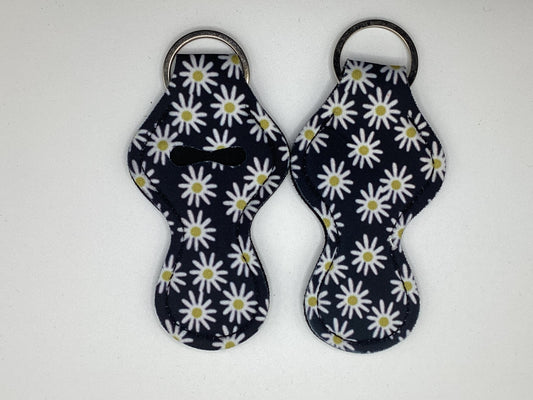 Black and White Daisies Neoprene Chapstick Holder Keychain