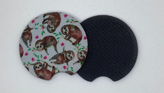 Hanging White Sloth Neoprene Car Coaster, 2pk