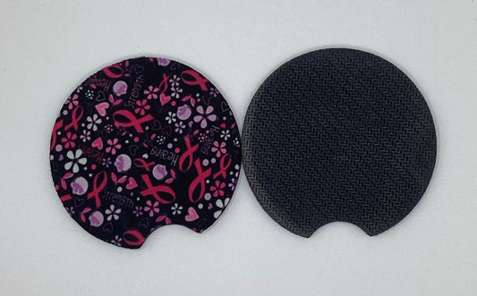 Pink Ribbon Black background, hope love support, Neoprene Car Coaster, 2pk