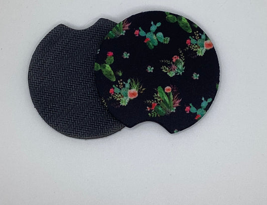 Black Cactus Succulents Neoprene Car Coaster, 2pk