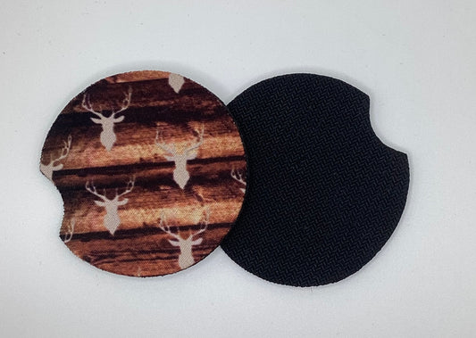 Woodgrain Deer Buck head, Neoprene Car Coaster, 2pk