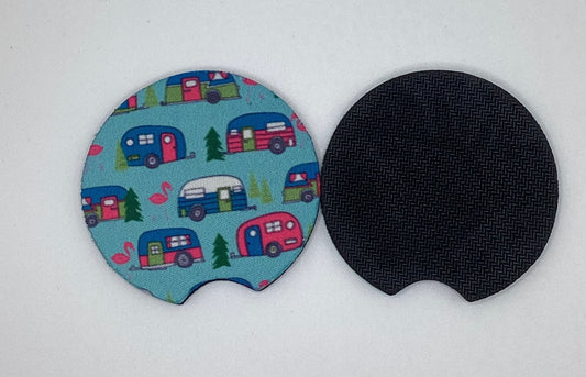 Teal Blue Camping Camper Neoprene Car Coaster, 2pk