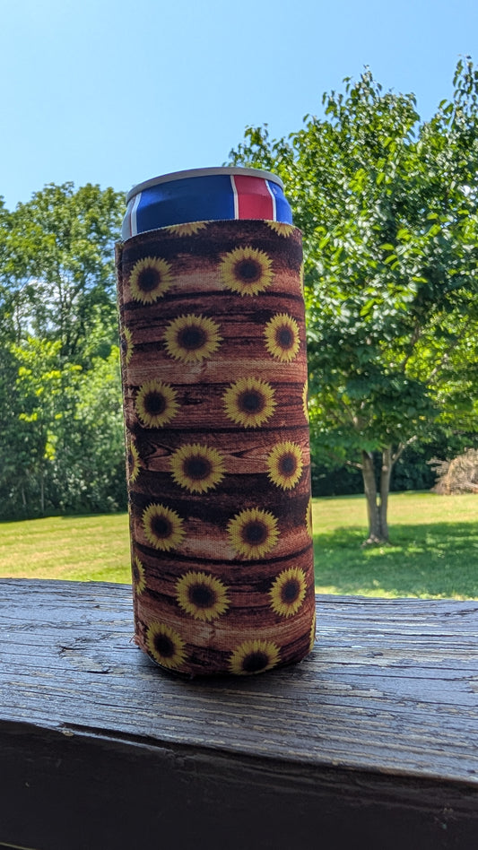 Woodgrain Sunflowers Neoprene Slim Can Koozie