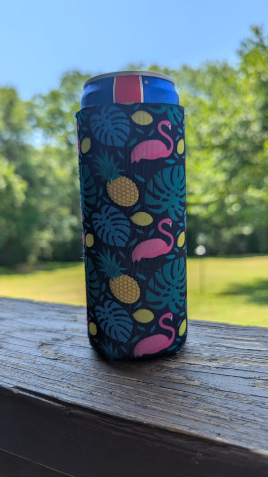 Flamingo Tropical Dark Neoprene Slim Can Koozie
