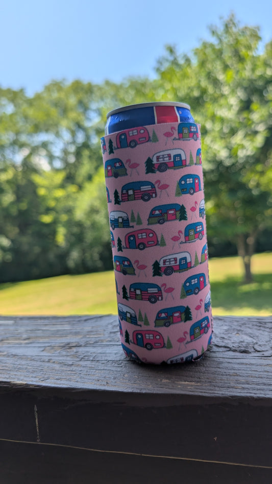 Pink Camper Neoprene Slim Can Koozie