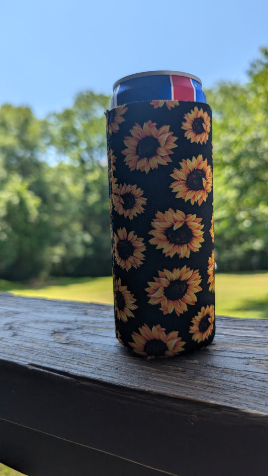 Black Sunflowers Neoprene Slim Can Koozie